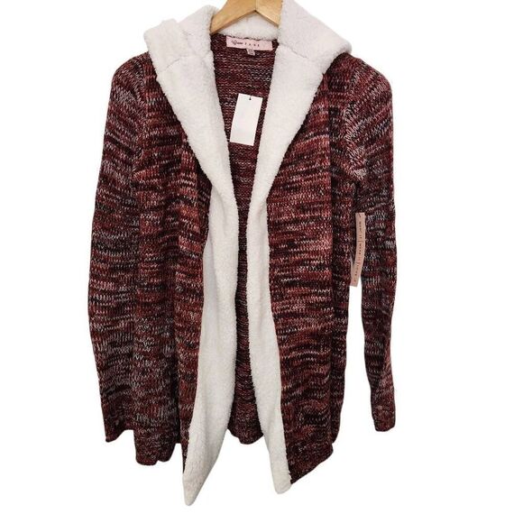 Crave Fame Sherpa Cardi Burgundy combo hooded cardigan soft X Small new - Picture 1 of 7